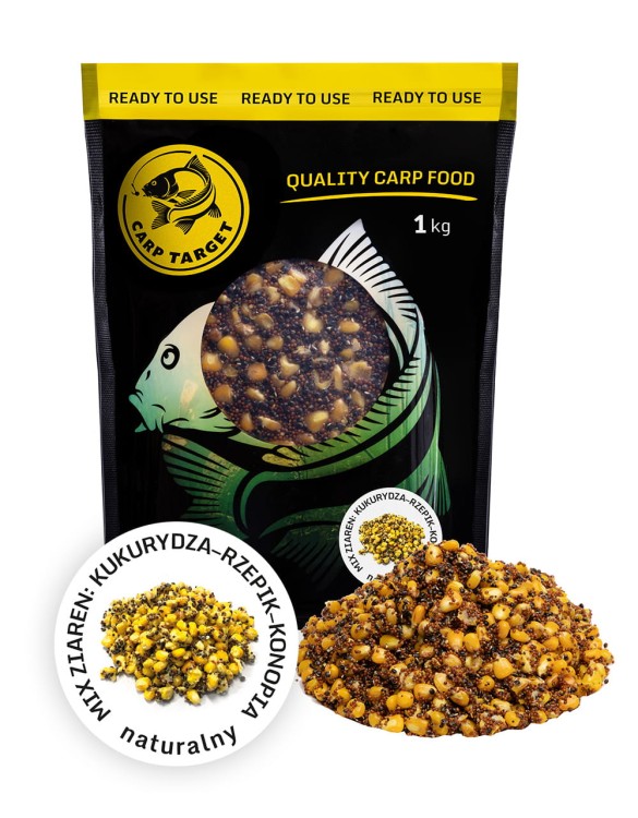 Carp Target MIX Ziaren Wędkarskich Kukurydza Konopia Rzepik Zanęta / 1 kg 5901111208215 Karpiowe Graty - Zdjęcie 1