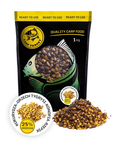 Carp Target MIX Ziaren Wędkarskich Kukurydza Orzech Tygrysi Konopia Rzepik Zanęta / 1 kg 5901111208239 Karpiowe Graty - Zdjęcie 1